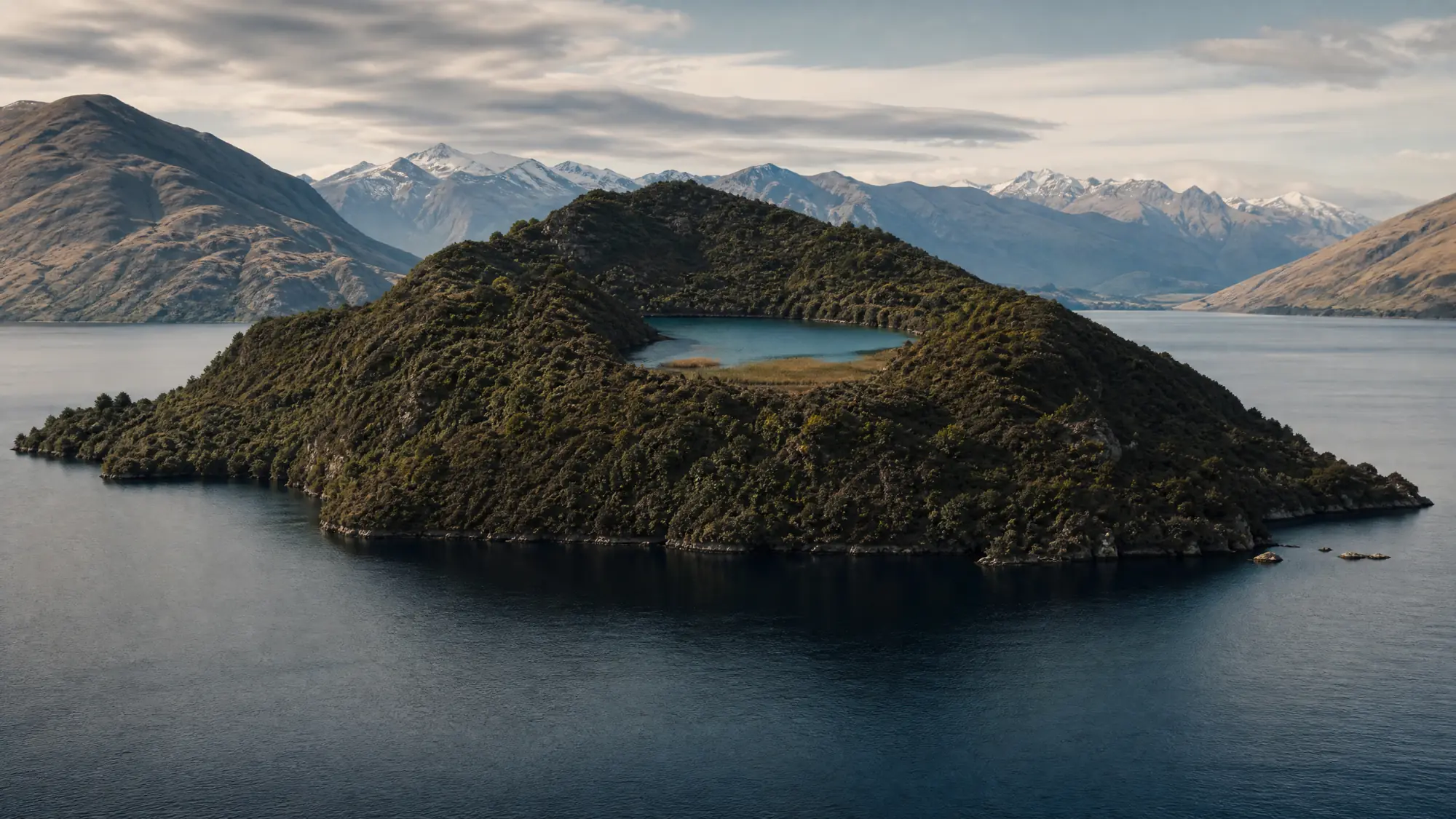 Une île sans prédateurs dans le lac Wānaka, abritant un lac glaciaire perché à 150 mètres au-dessus du lac principal. Accessible uniquement en bateau.